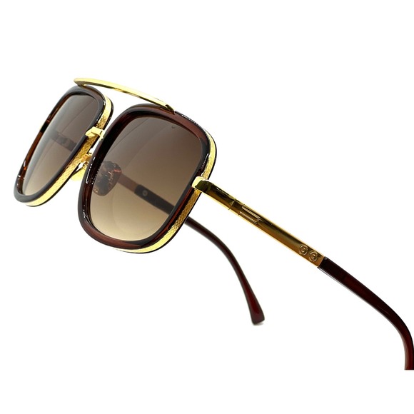 Aviator Sunglasses Square Frame Gold Accent Brown Lens Fashion Shades Driving - Picture 1 of 10